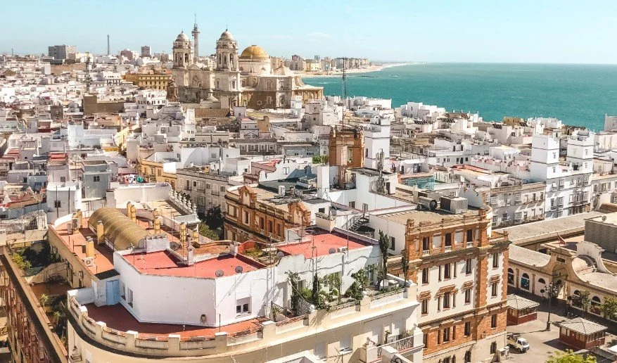 A cityscape with a mix of historic and modern buildings overlooking the ocean, featuring a large cathedral with domes and towers in the background.