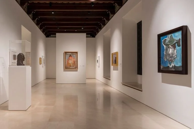An art gallery with white walls and various paintings and sculptures on display, with a wooden ceiling and polished light-colored floor.