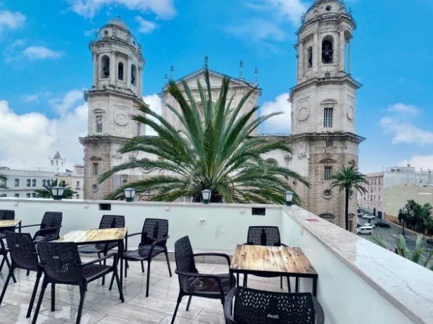 Outdoor rooftop patio with black chairs and wooden tables, a large palm tree, and historic church towers in the background under a partly cloudy sky.