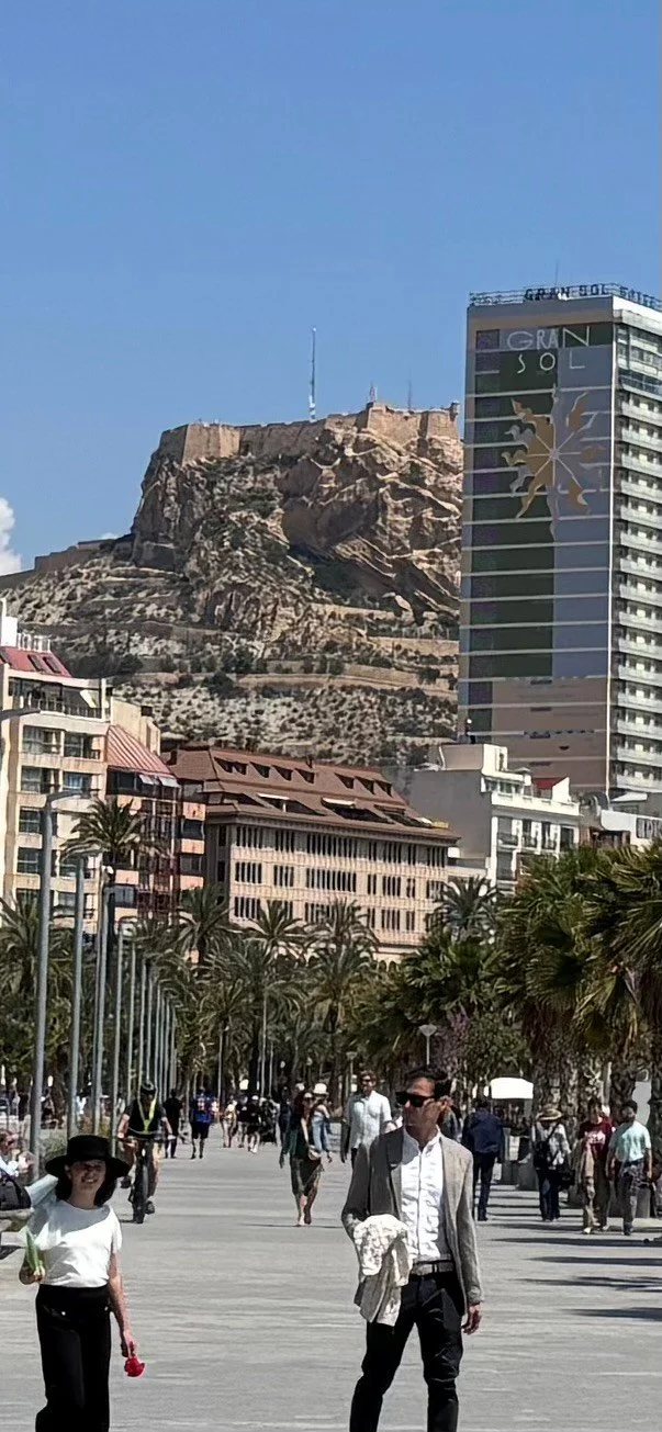 People walking on a promenade with palm trees, high-rise buildings, and a large rocky hill in the background under a clear blue sky.