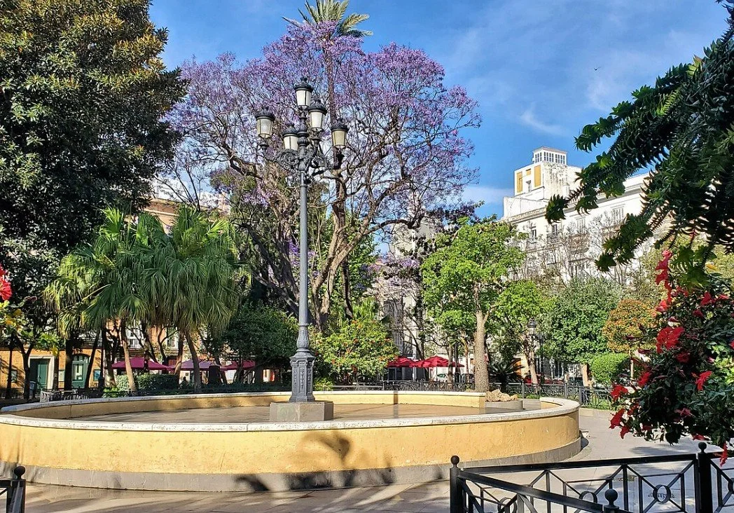 A public park with trees, a lamppost, and a circular seating area. Some trees have purple and green leaves, and there are red umbrellas visible in the background. The sky is blue with some clouds.