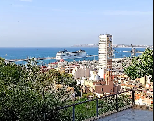 Cityscape with buildings and greenery overlooking the ocean, a cruise ship docked at the port, and a distant coastline under a blue sky.