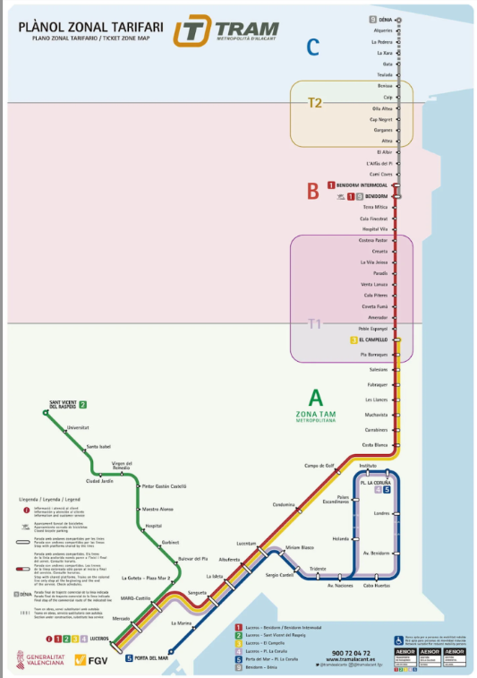 Map of Tram Metropolitano in Valencia, Spain, showing zones A, B, and C with various stops along the transit lines, color-coded for clarity.