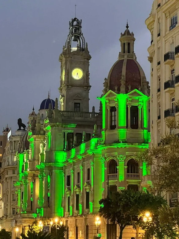 A historic building illuminated with green lights at dusk, featuring a clock tower and ornate architectural details.