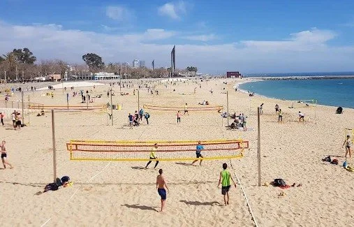 People playing beach volleyball on sandy beach with ocean and blue sky in background.