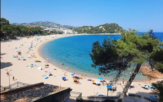 A sunny beach scene with a crescent-shaped shoreline, colorful umbrellas, and people on the sand. Clear blue water with some greenery on the right side, and buildings in the background on a hill.