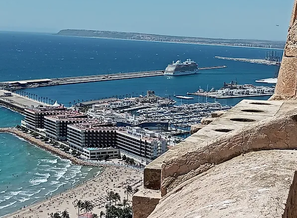 A coastal marina with boats, a cruise ship docked, buildings along the shoreline, and the ocean in the background.