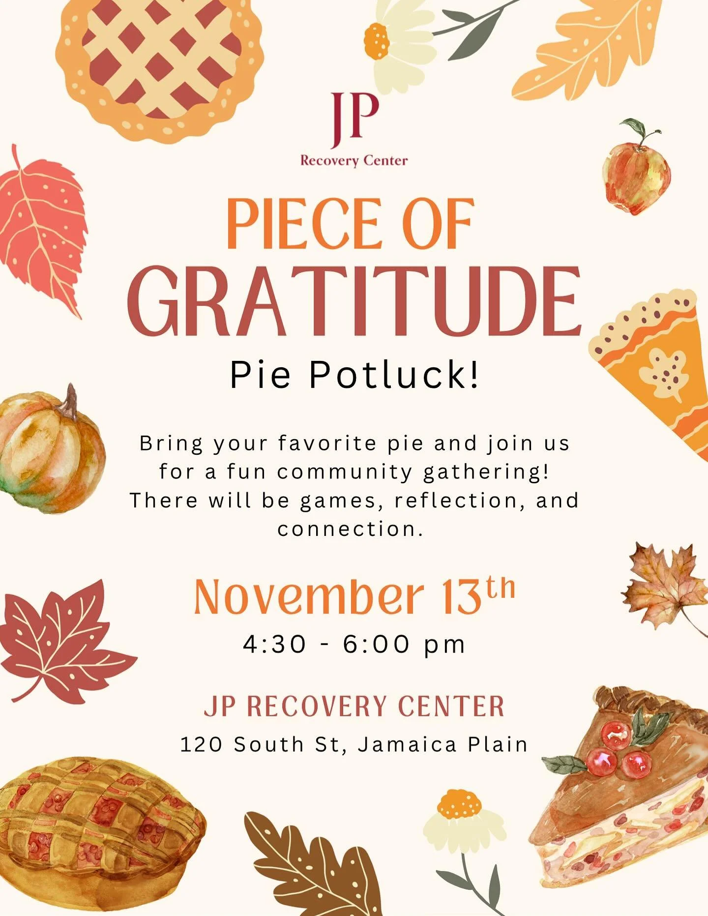 Today at 4:30!! Free food and recovery. Who isn&rsquo;t thankful for those things? 🥧🍰