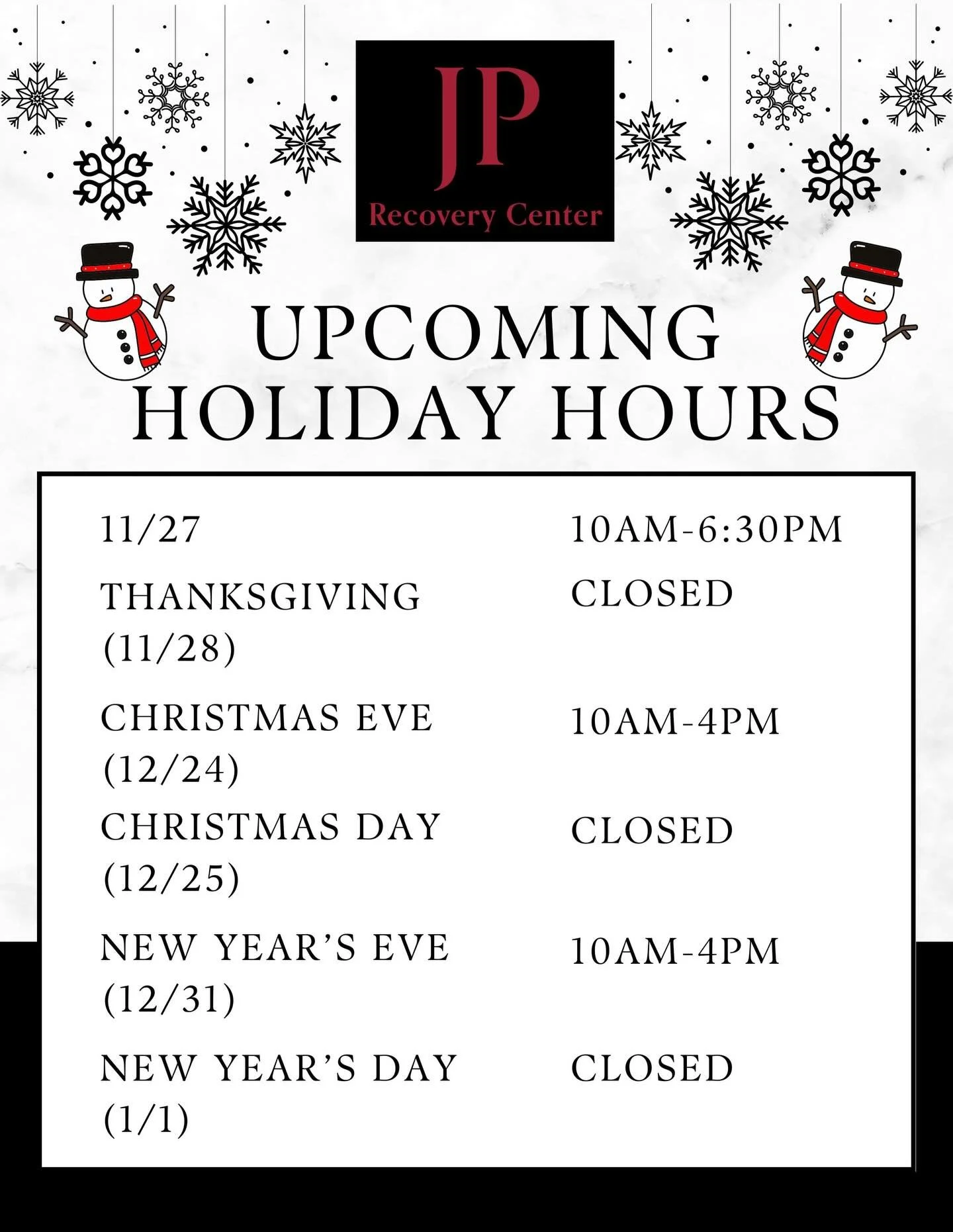 We have some schedule changes for the upcoming holidays.

However, we will keep updating with alternatives for each holiday as they approach.

Don&rsquo;t forget to check other Peer Recovery Support Centers and places regular meetings are held. We&rs