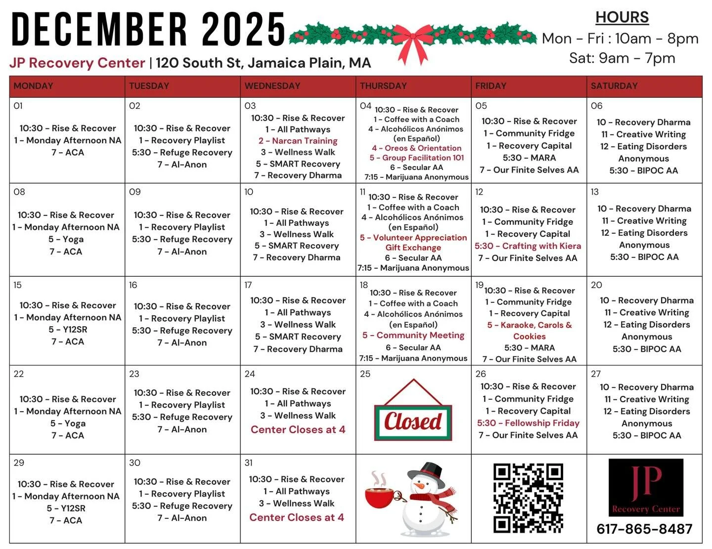 December is here! 🎄🎅

With that comes a new calendar for the JPRC! 💪

As usual we offer:
-MULTIPLE pathways of recovery groups
-we have a special Karaoke event
-volunteer opportunities
-🌟LEARNING opportunities🌟
-💫BRAND NEW BIPOC AA meeting!💫

