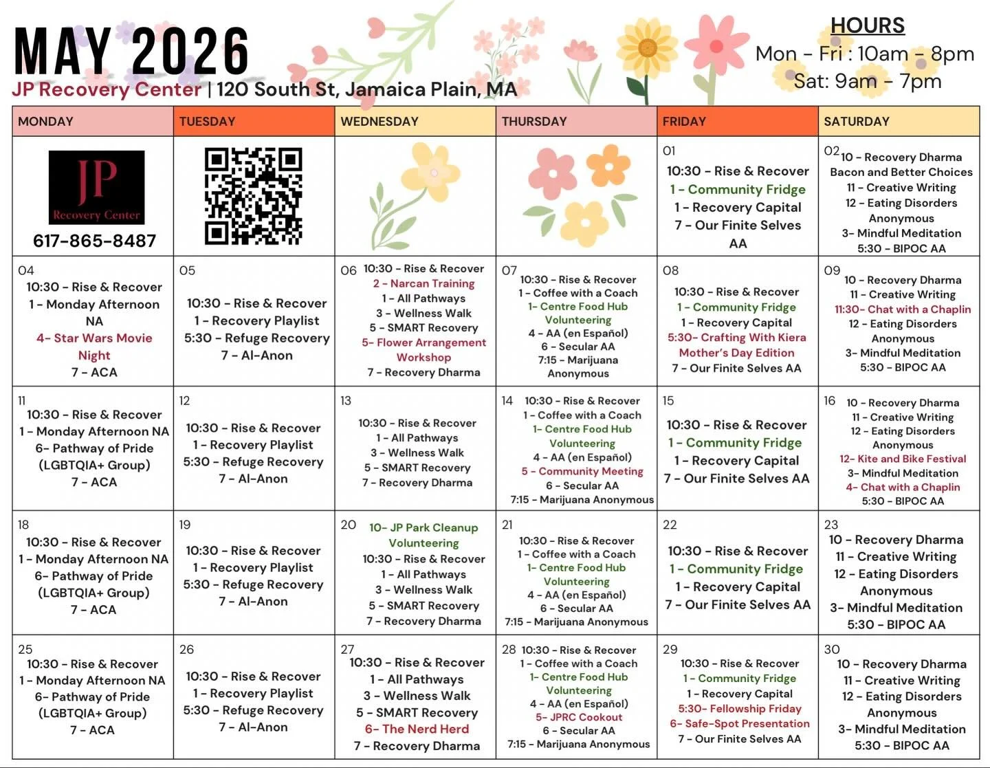 May schedule 2026,
We have amazing new groups and events to attend, come check us out! #jprecoverycenter #recovery #community