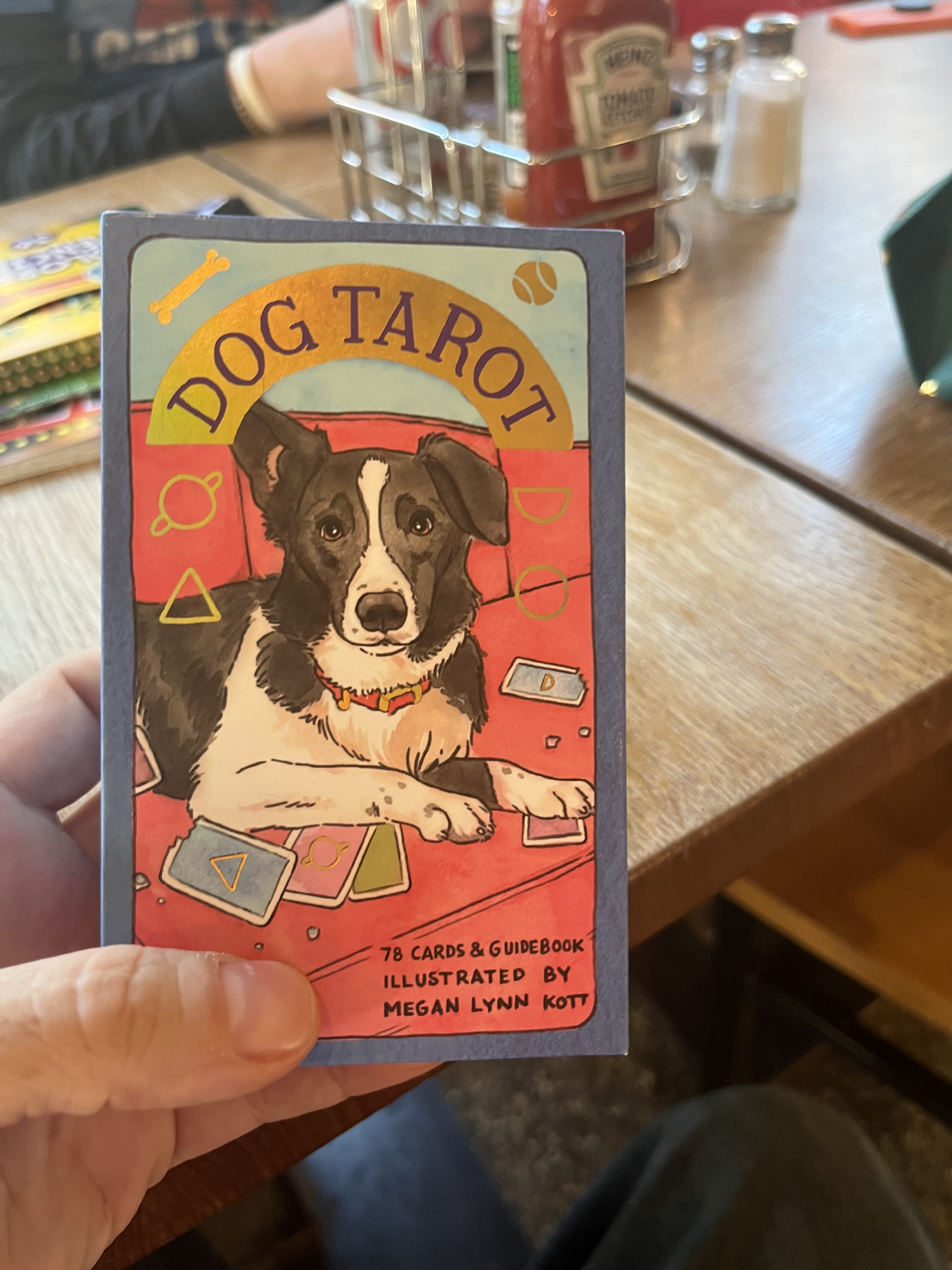 A person holding a card game called 'Dog Tarot' with an illustration of a dog lying on a red surface surrounded by tarot cards.