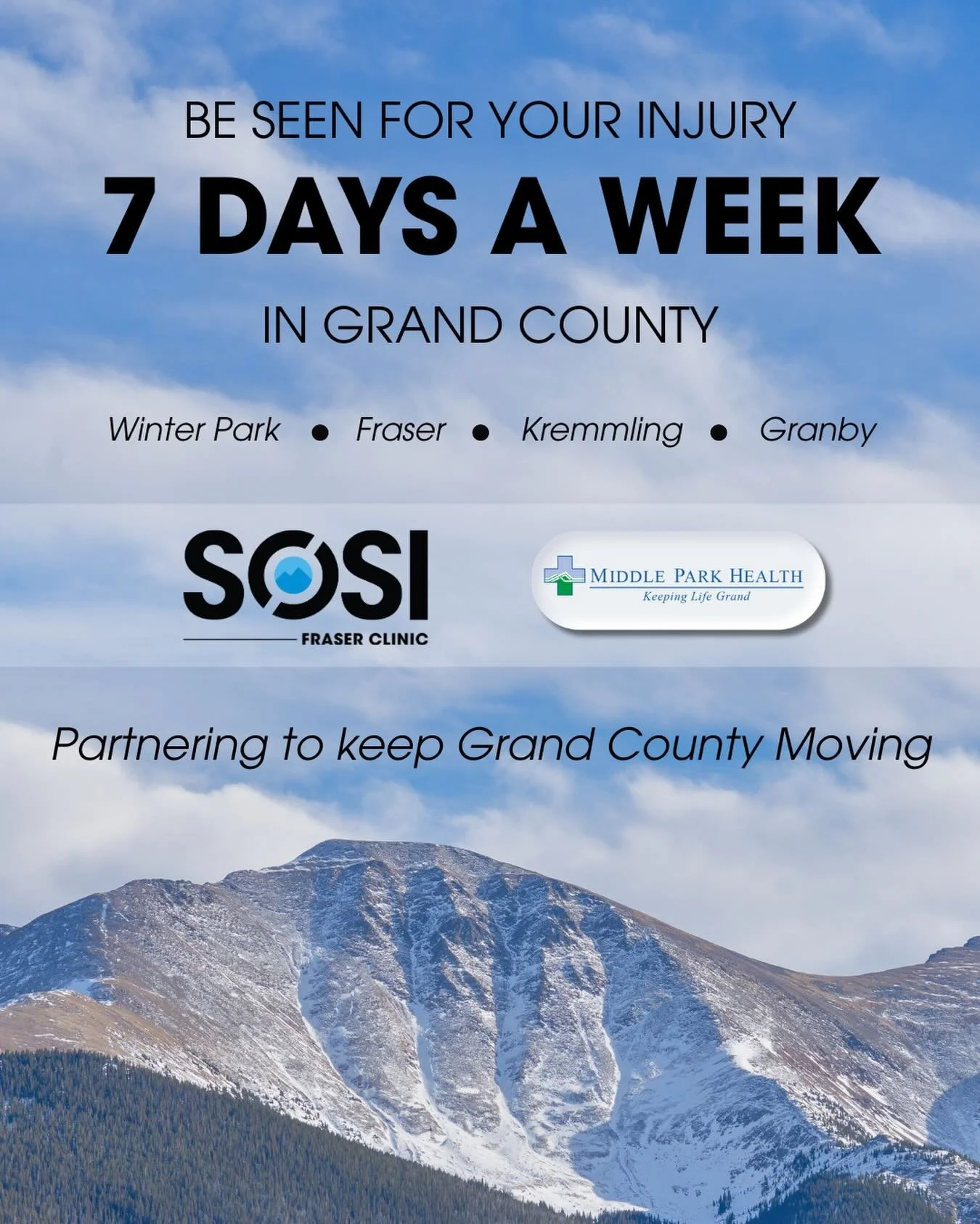 Grand County! If you&rsquo;ve been injured, SOSI Fraser and Middle Park Health have you covered 7 days a week. Here&rsquo;s where to go and when:

📍 Winter Park Clinic
47 Cooper Creek Way, Winter Park
Walk-In Clinic: Fri&ndash;Sun | 8am&ndash;5pm
📞