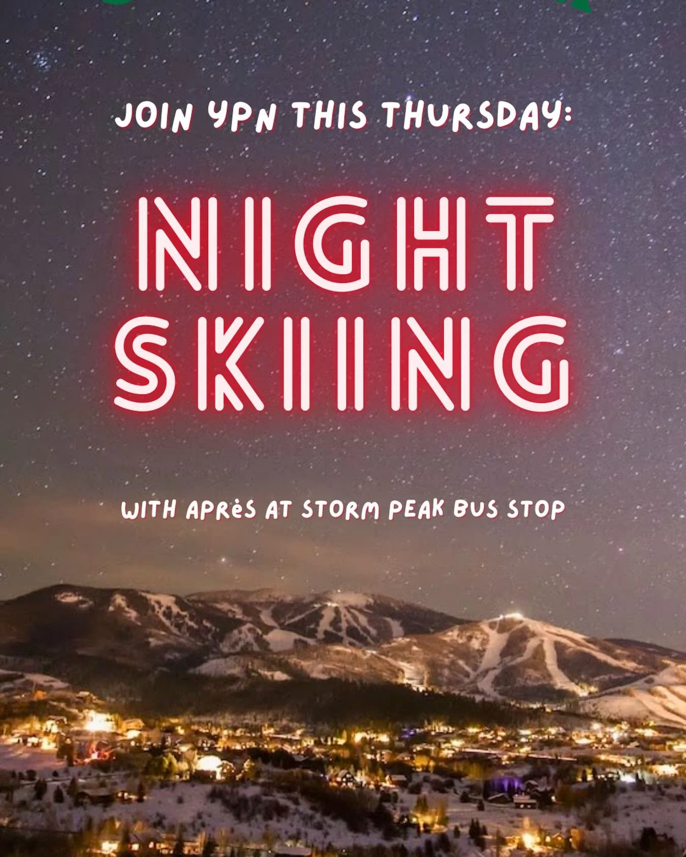 ❄️ Young Pros Night Ski Meetup! 🌙 

Grab your crew and hit the slopes with us!

📍 Meet at the stage at the base &mdash; 5:15 PM
🎿 Ski together from 5:30&ndash;6:30 PM
🍻 Apr&egrave;s hang at the Storm Peak Bus Stop at 6:30 PM

Need a ski pass? Sho
