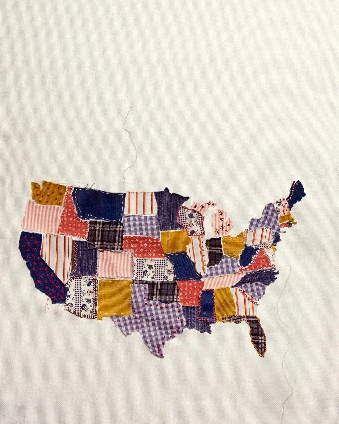 Fabric scrap and embroidery U.S. map / Archways magazine / Collaborative project