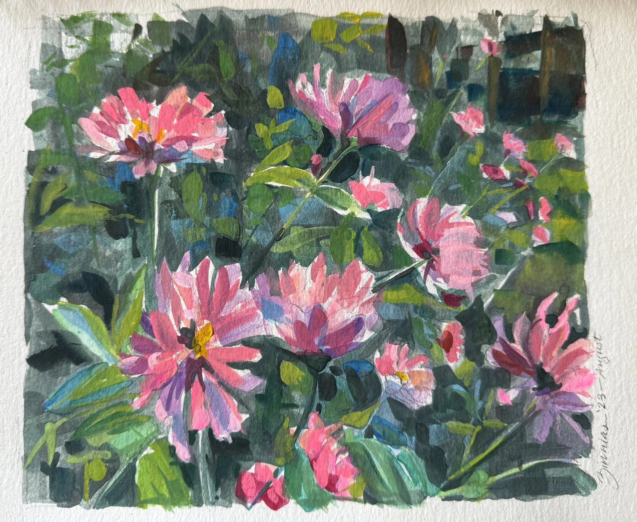 Zinnias  /  Gouache, watercolor