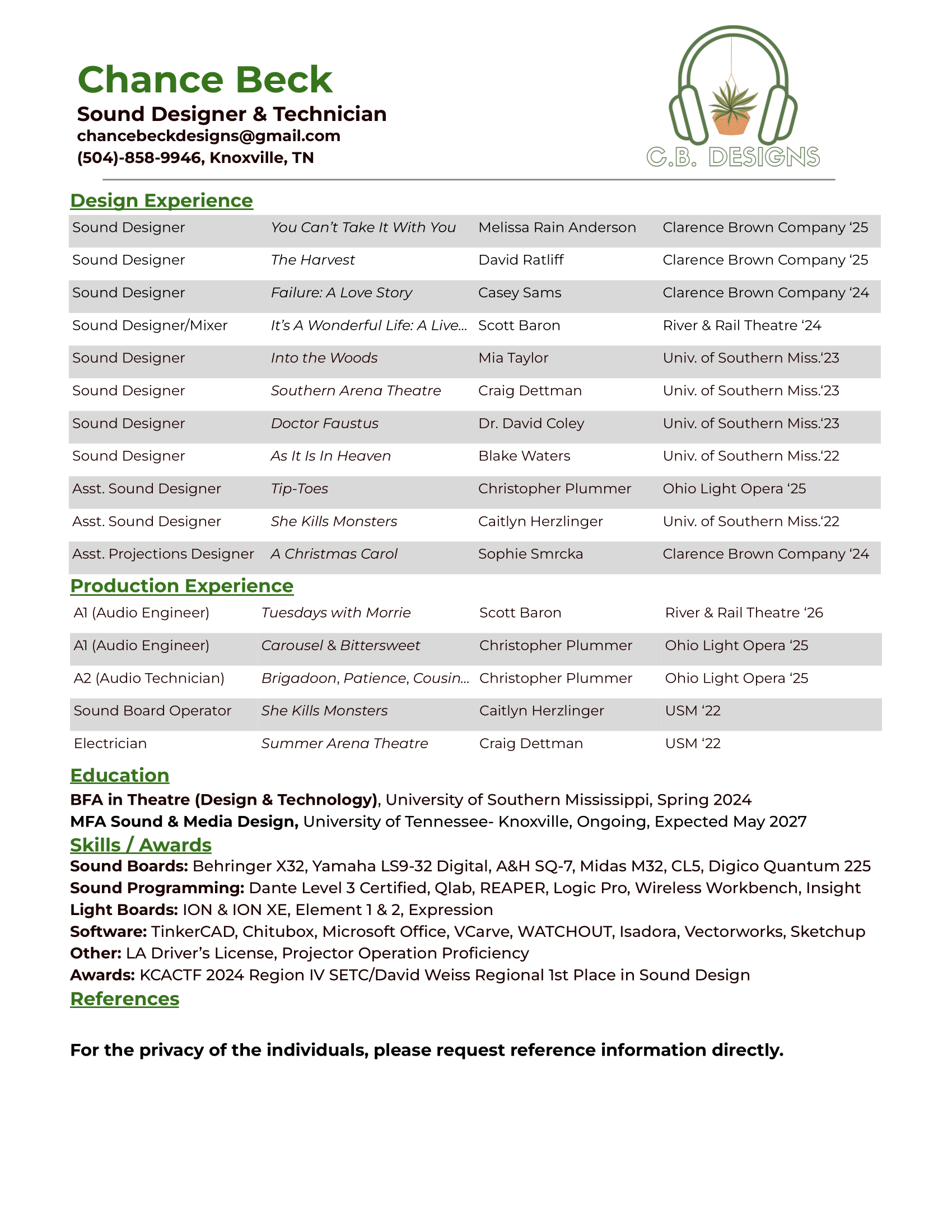 A resume or CV of Chance Beck, a sound designer and technician, listing their contact information, work experience, education, skills, awards, and references, with sections highlighted in green.