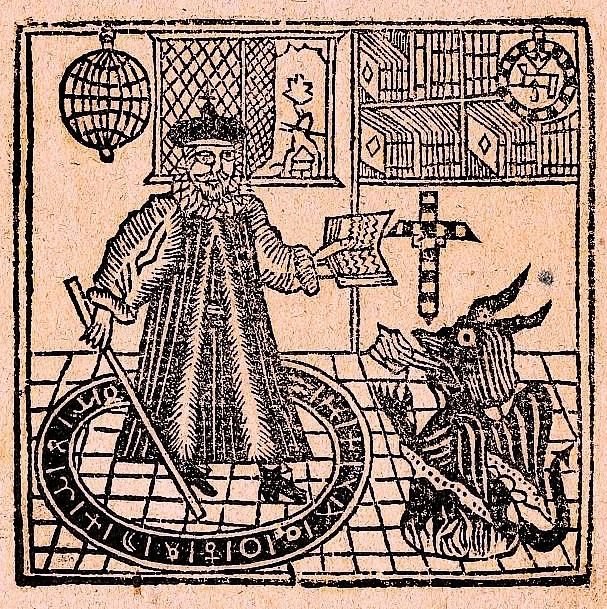 Old illustration of a bearded man in robes and a crown standing on a circular zodiac chart, holding a cane and a book, with a strange creature resembling a dragon or demon sitting nearby reading a book. The background has a bookshelf, a painting, and