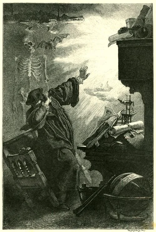 A skeleton standing in a room with a person, possibly a scientist or scholar, who is startled and raising his hand. The room contains books, scientific instruments, and maps. Flying creatures and clouds are seen in the background, creating a surreal,