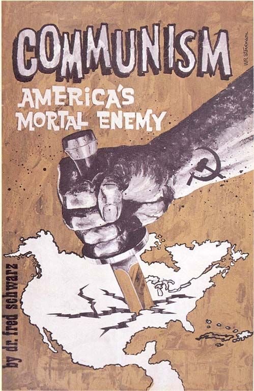 Illustration of a fist with a hammer breaking through a map of the United States, with a communist symbol on the sleeve, accompanied by the text 'Communism: America's Mortal Enemy'.