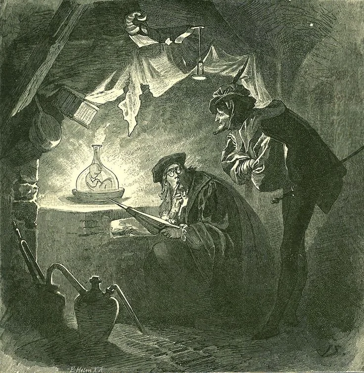 A black and white illustration of two women working in a laboratory. One woman is seated at a table, examining a book, with glasses and a hat, while the other woman is standing beside her, leaning over and engaging in conversation. There are laborato