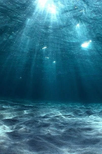 Underwater scene with sunlight streaming down through clear blue water, revealing rippling ocean floor.