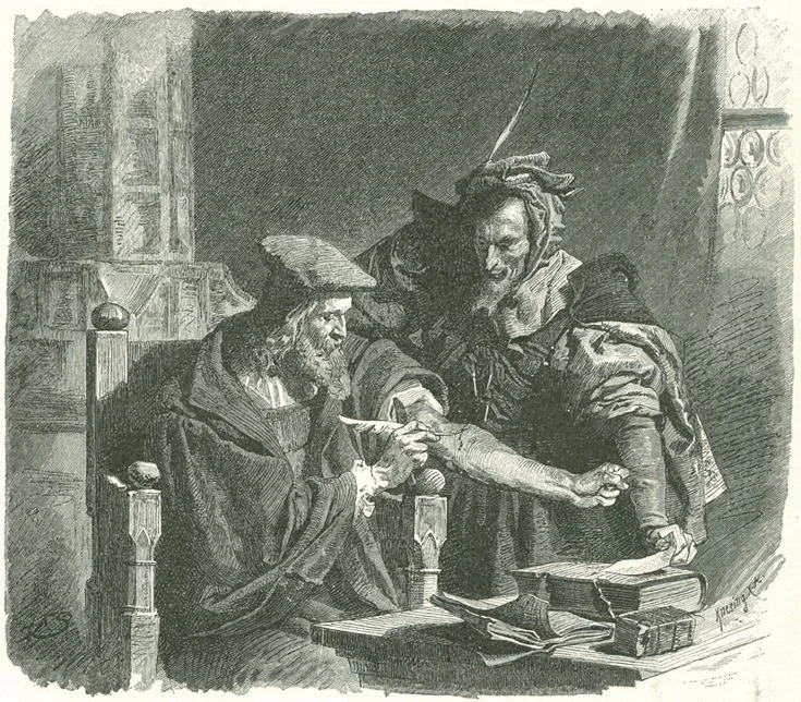 An illustration showing a man sitting in a chair, being examined or treated by a woman standing next to him. The woman appears to be a healer or doctor, and the man seems to be a patient. The setting looks like an interior room with books and papers 