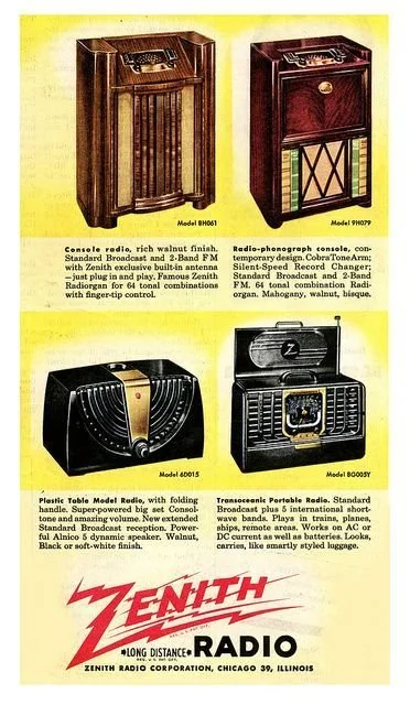 Image of four vintage Zenith portable radios with descriptions and model numbers, including a console radio, radio-phonograph, plastic table model, and transoceanic portable radio.