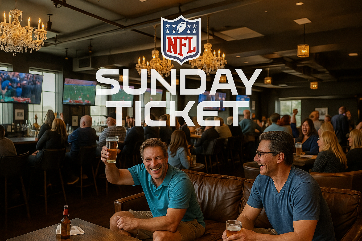 Two men sitting on a leather couch in a bar or restaurant, smiling and holding drinks, with a large crowd of people in the background watching football on multiple TV screens, and a sign on the glass door reading "Sunday Ticket" with the NFL logo.