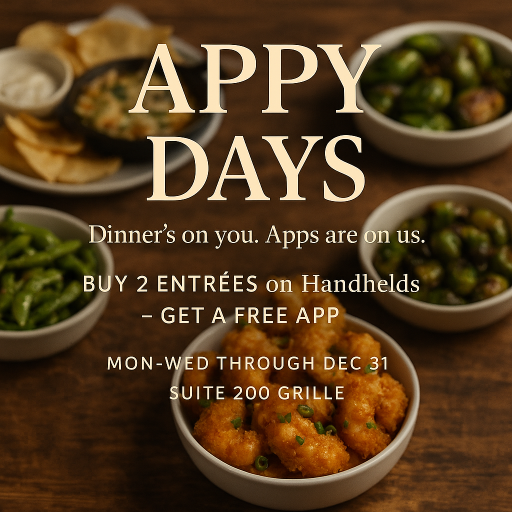 Promotion for a restaurant offering a deal where buying two entrées on handheld devices gets a free app. The background shows various bowls of food, including green beans, Brussels sprouts, and fried chicken.