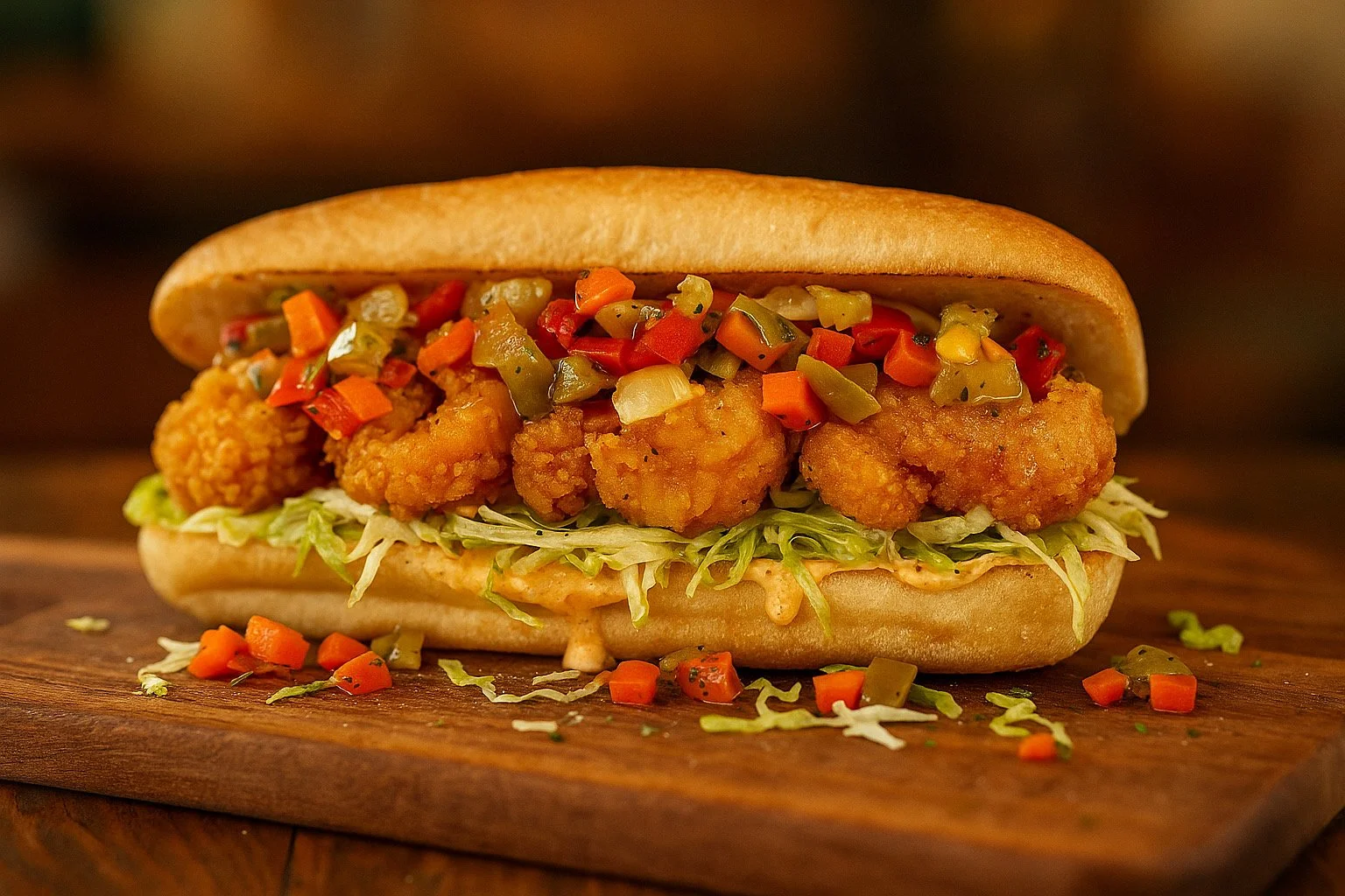 Fried fish sandwich with diced peppers and lettuce on a bun, served on a wooden board.