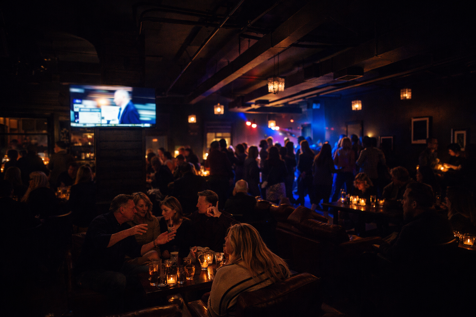 People socializing and watching a sports event at a dimly lit bar or lounge with candles on tables and a large television screen on the wall.