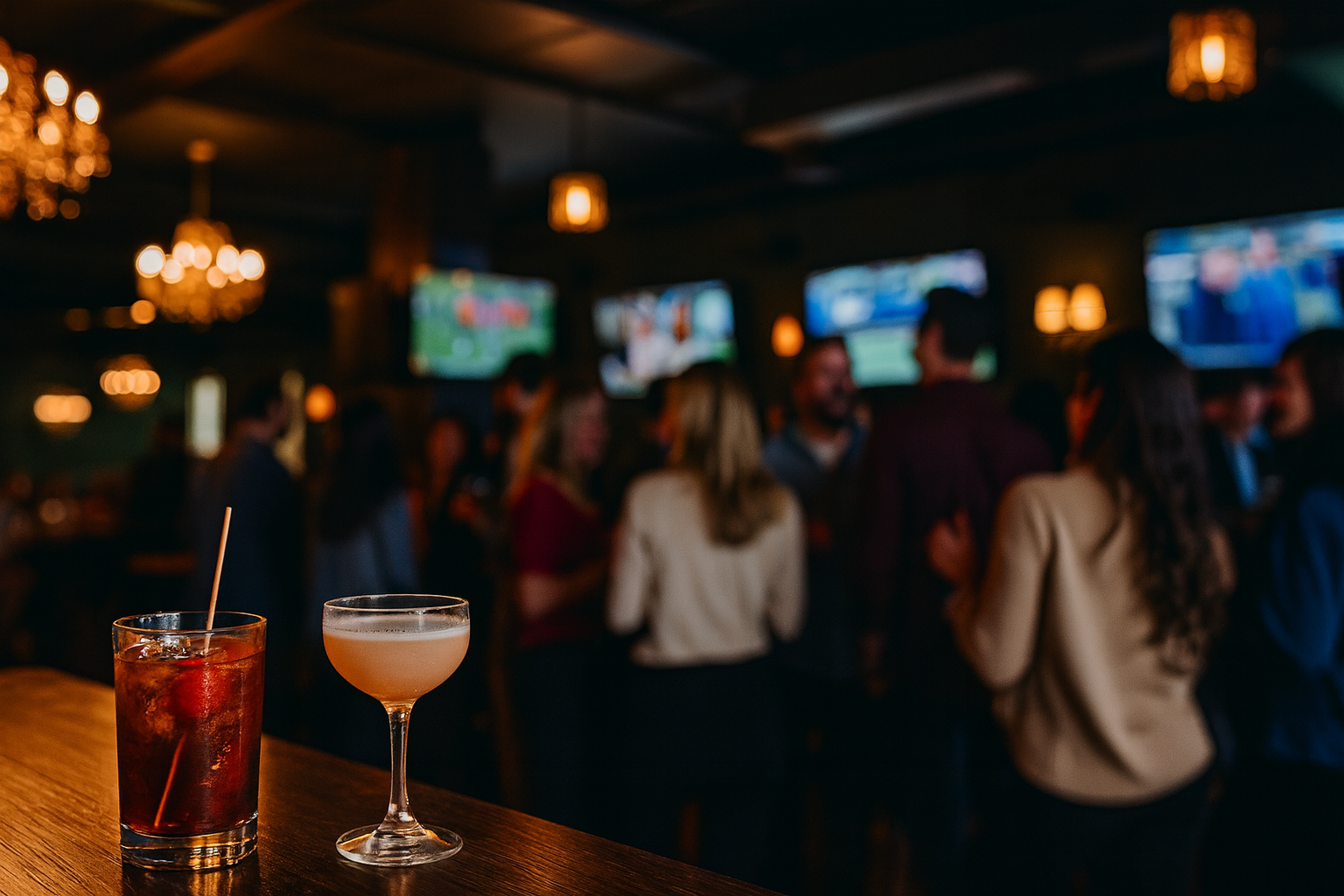 Two cocktails on a bar counter with a lively sports bar in the background showing multiple TV screens and people socializing.