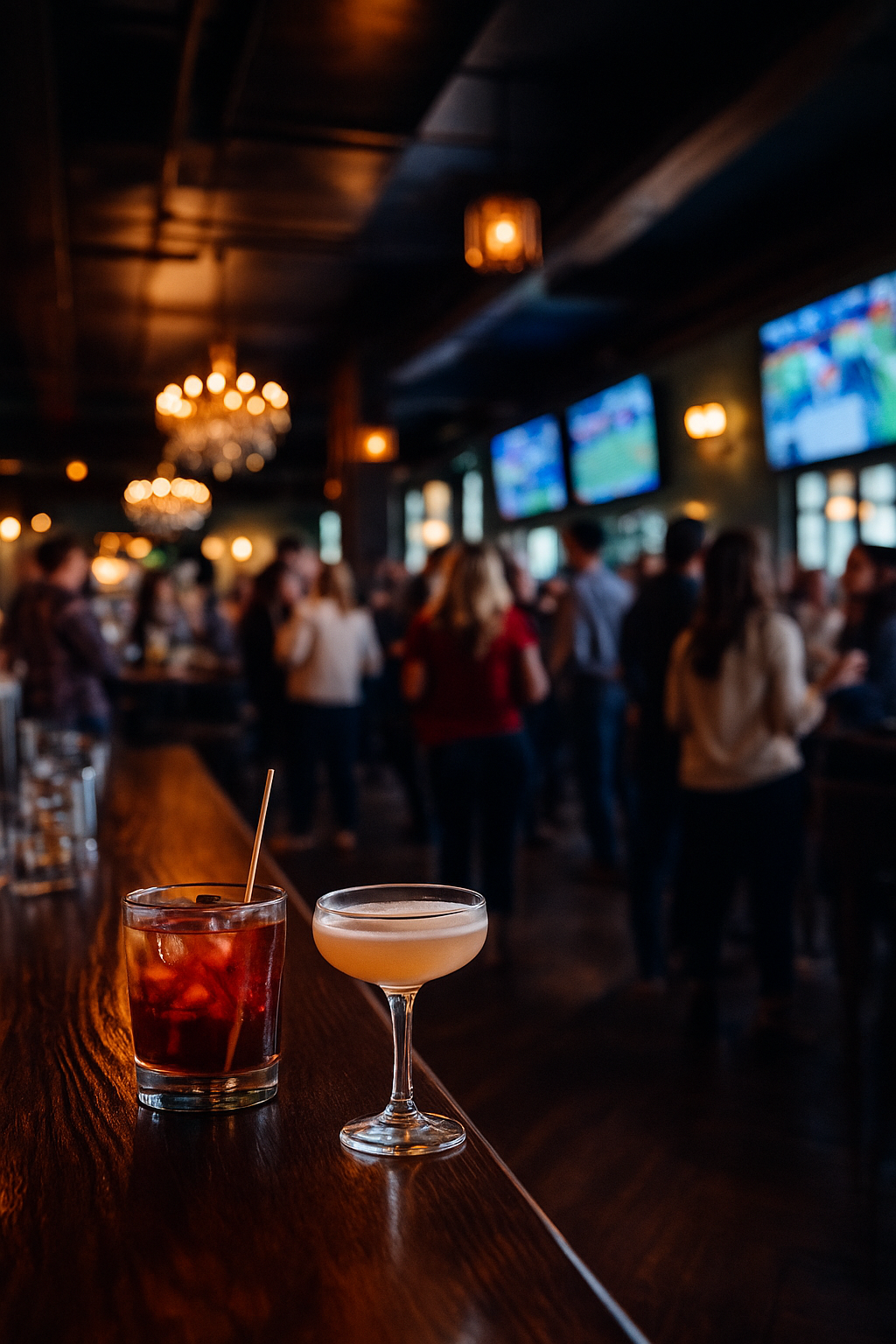 Two cocktails on a wooden bar counter with a lively bar scene and multiple TV screens showing sports in the background.