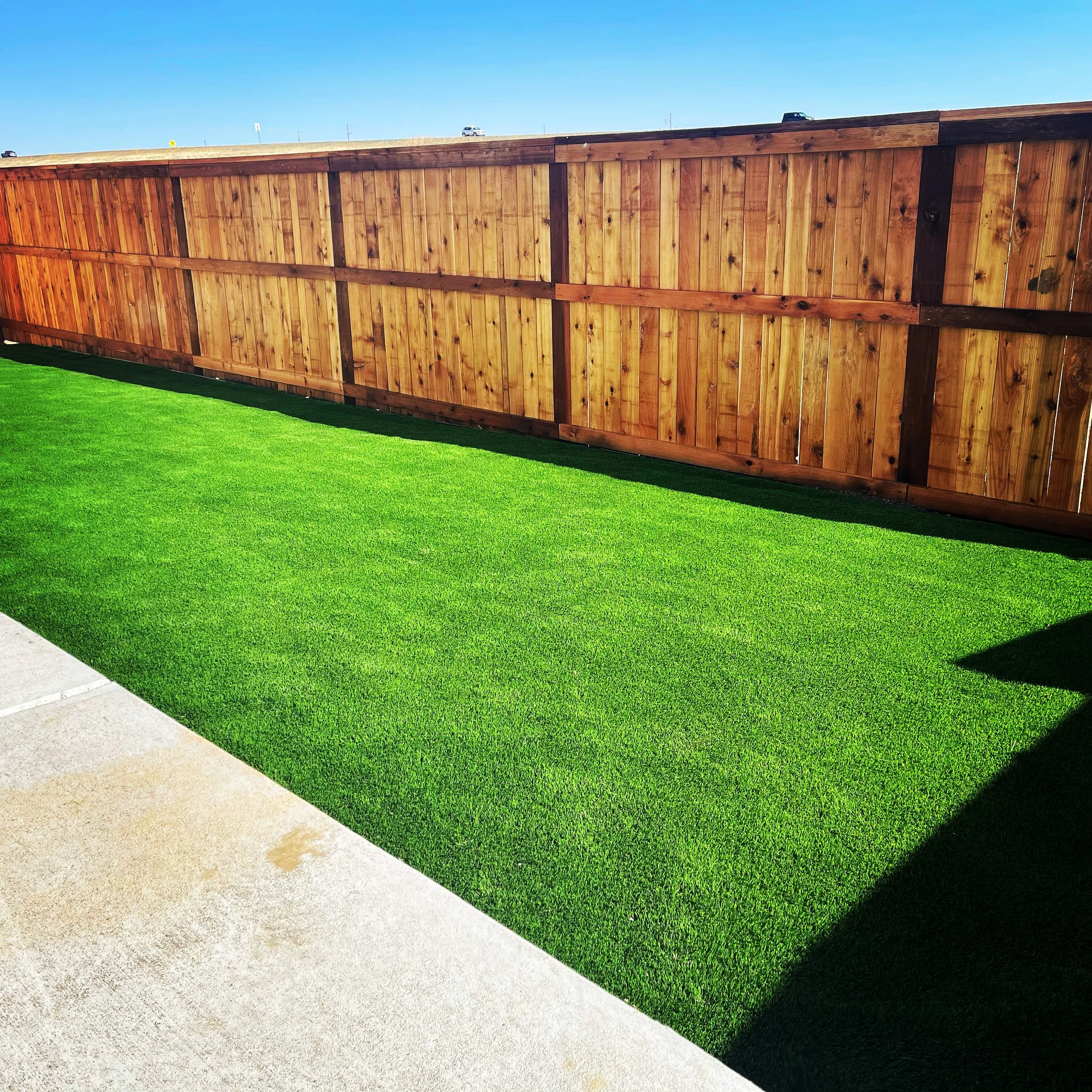 A backyard with a patch of bright green artificial grass, a concrete walkway, and a tall wooden fence under a clear blue sky.
