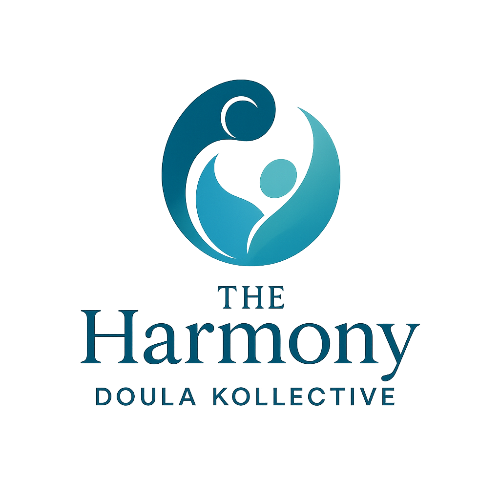 Logo for 'The Harmony Doula Collective' featuring a stylized circular design of three intertwined figures in blue with the text 'The Harmony Doula Collective' underneath.