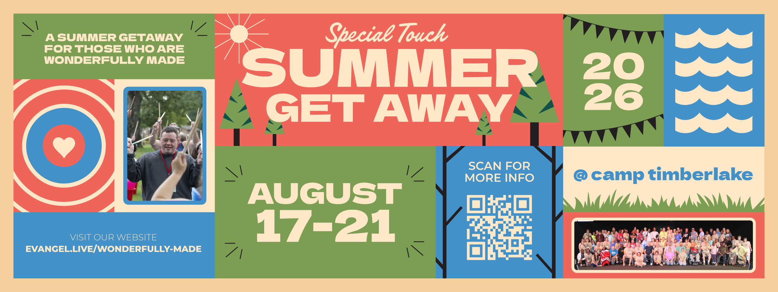 A colorful event poster advertising a summer getaway at camp Timberlake from August 17-21, 2026. The poster features images of people participating in outdoor activities, a large group photo, a QR code for more info, and a website link, with decorative trees, waves, and banners.