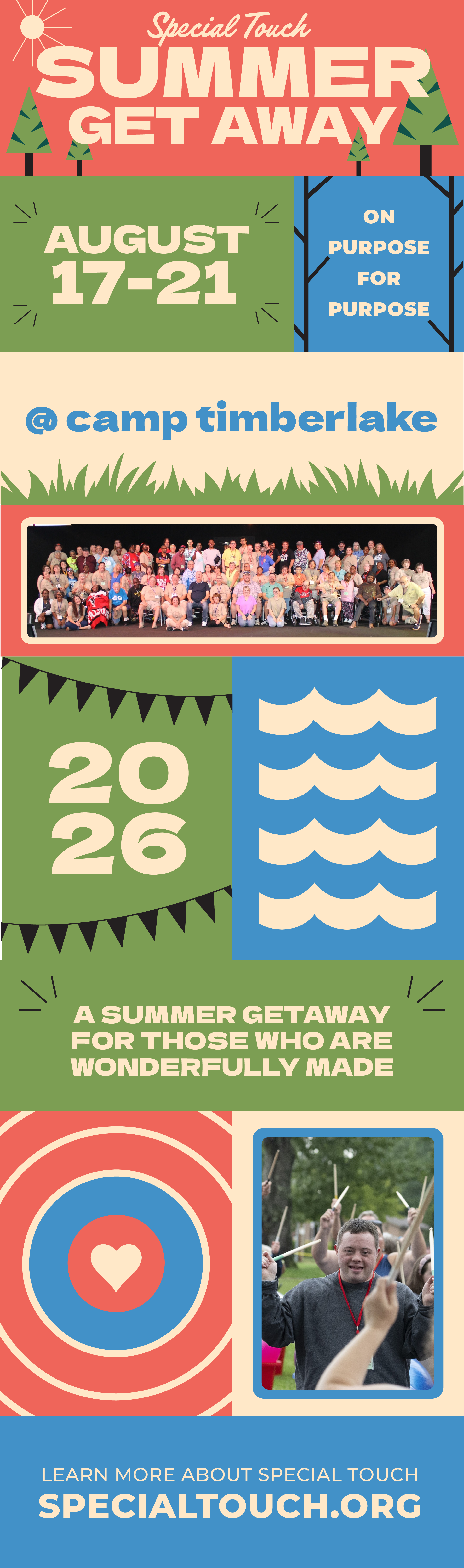 Poster for Special Touch Summer Getaway event from August 17-21, 2026, at Camp Timberlake, featuring group photo, target icon, and a child with drumsticks, promoting a summer program for individuals with disabilities. Includes website specialtouch.org.