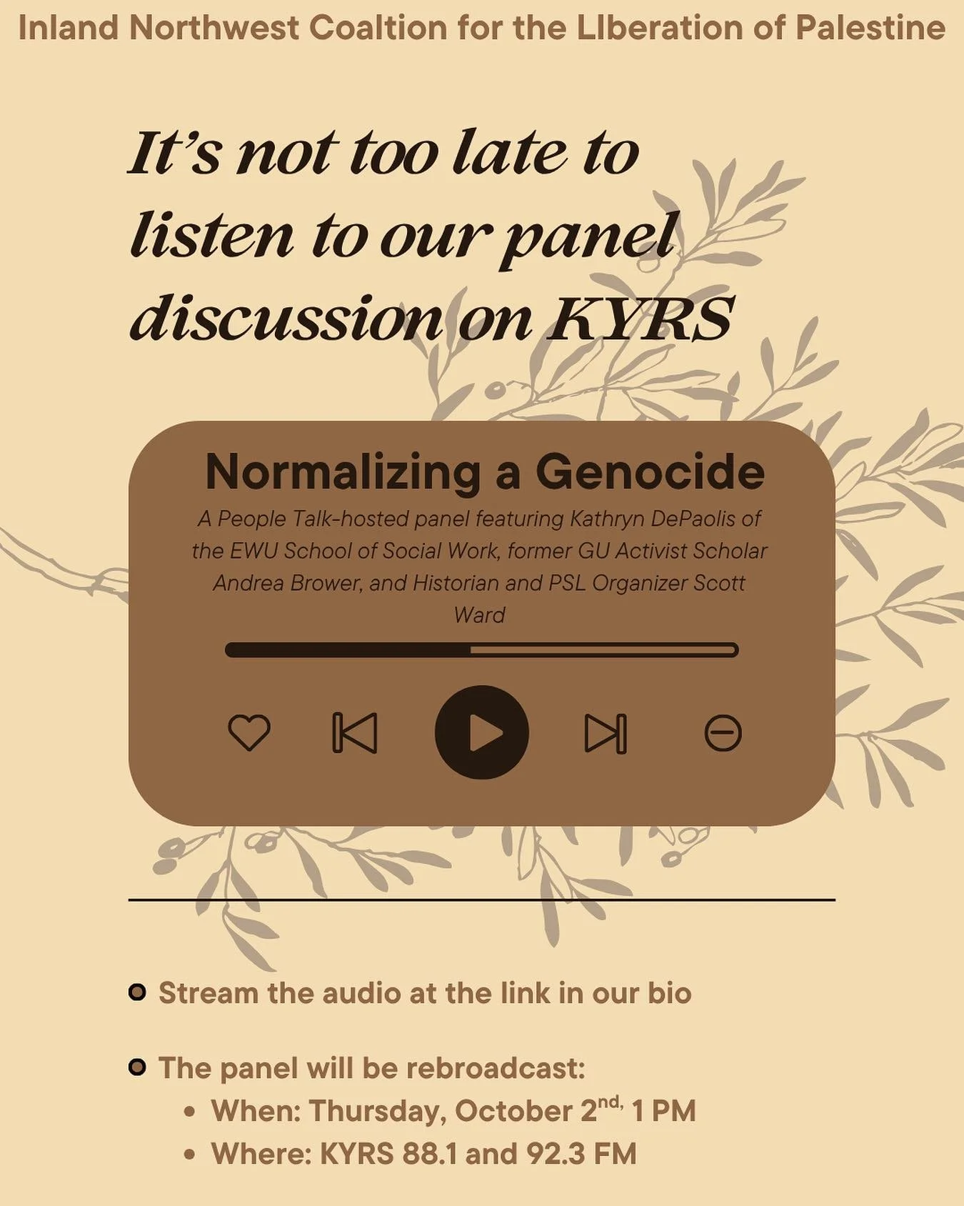 If you didn&rsquo;t catch our Normalizing a Genocide panel hosted by KYRS&rsquo;s People Talk when it was broadcast last Thursday, it&rsquo;s not too late to tune in! 

KYRS will be rebroadcasting the panel at 1:00 PM on Thursday, October 2nd. 

The 