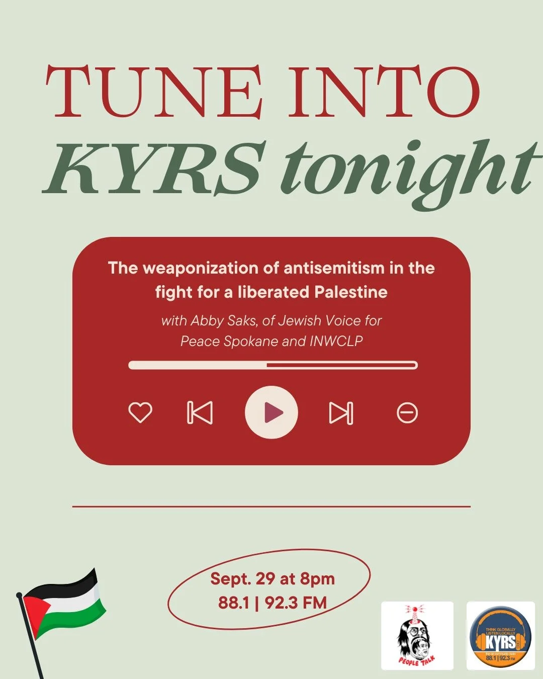 This just in! INWCLP and Jewish Voice for Peace member Abby Saks will be a guest of People Talk on KYRS tonight!

The topic of discussion: How the false conflation of antizionism with antisemitism is weaponized to distort public discourse on Palestin