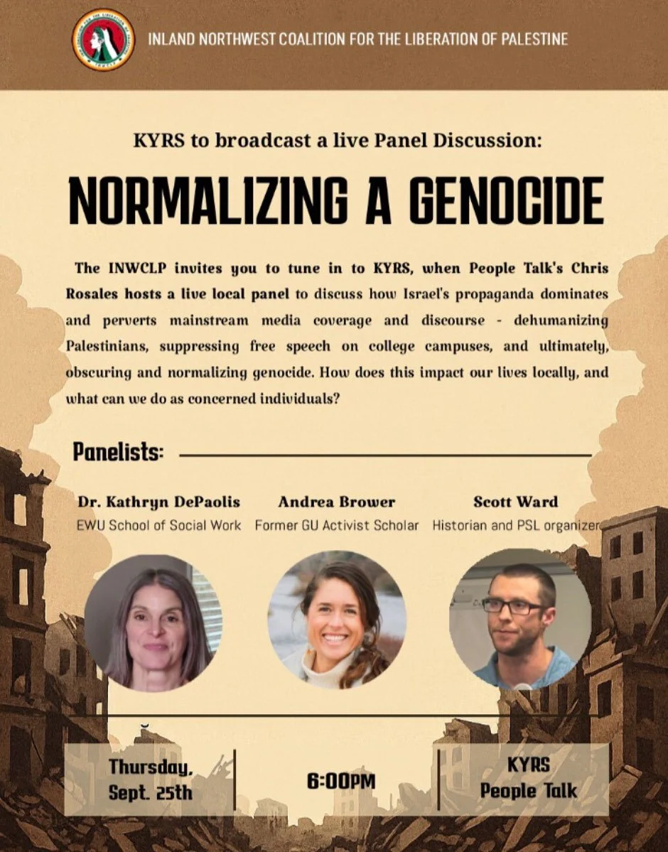 This Thursday, tune in to our live panel discussion, Normalizing a Genocide.

The panel, hosted by Chris Rosales, will feature community members and educators Kathryn DePaolis, Andrea Brower, and Scott Ward. 

🗓️Thursday, September 25th
⏰6:00 PM
📍T