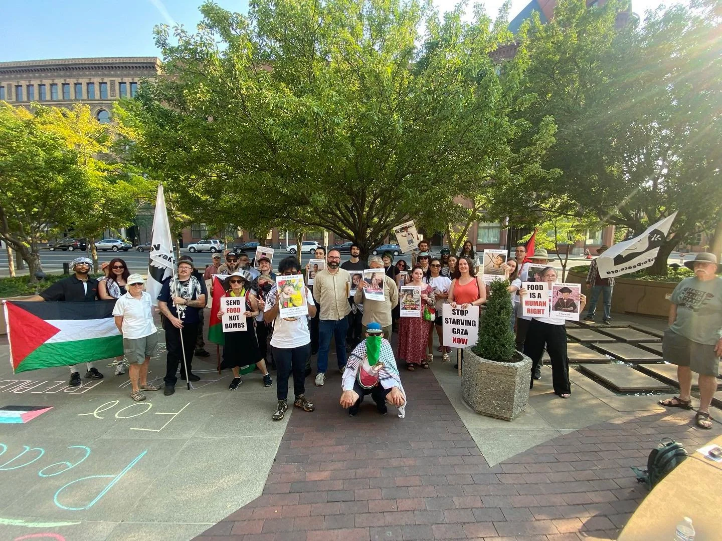 Thank you to everyone who came out to Pig Out in the Park in the heat to be a part of our vigil! We appreciate all of you.

Food is a human right, and Israel and the United States&rsquo; deliberate withholding of food to the Gaza Strip is unacceptabl
