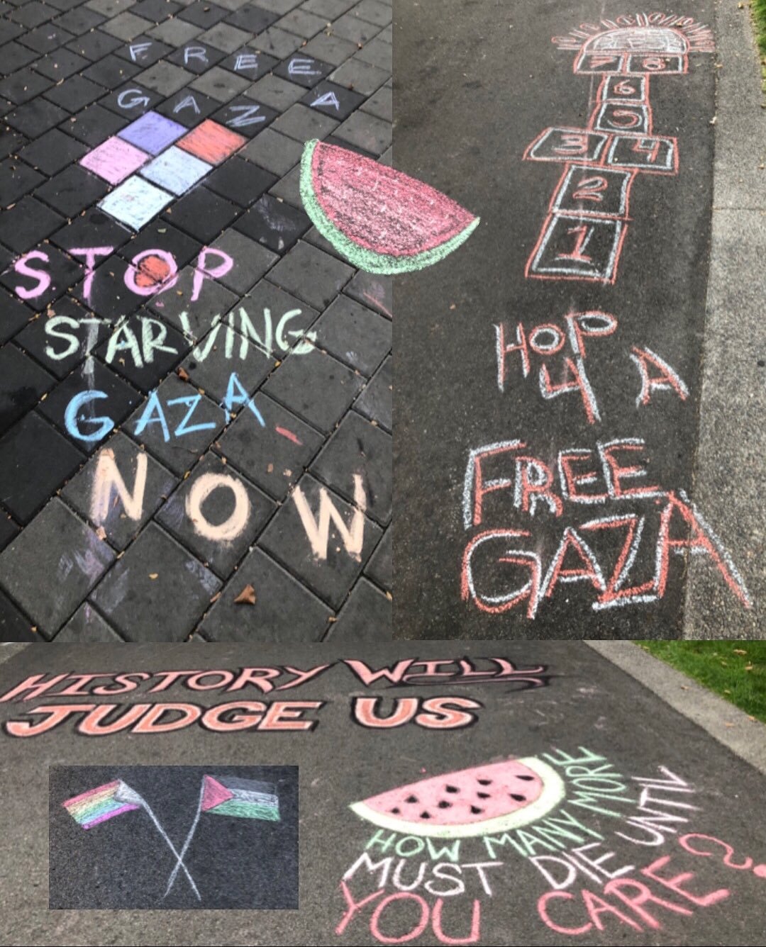 Thank you to everyone who came out on a muggy evening to create chalk art for Palestine! 

Check out our art at the entrance to Riverfront Park 🇵🇸❤️