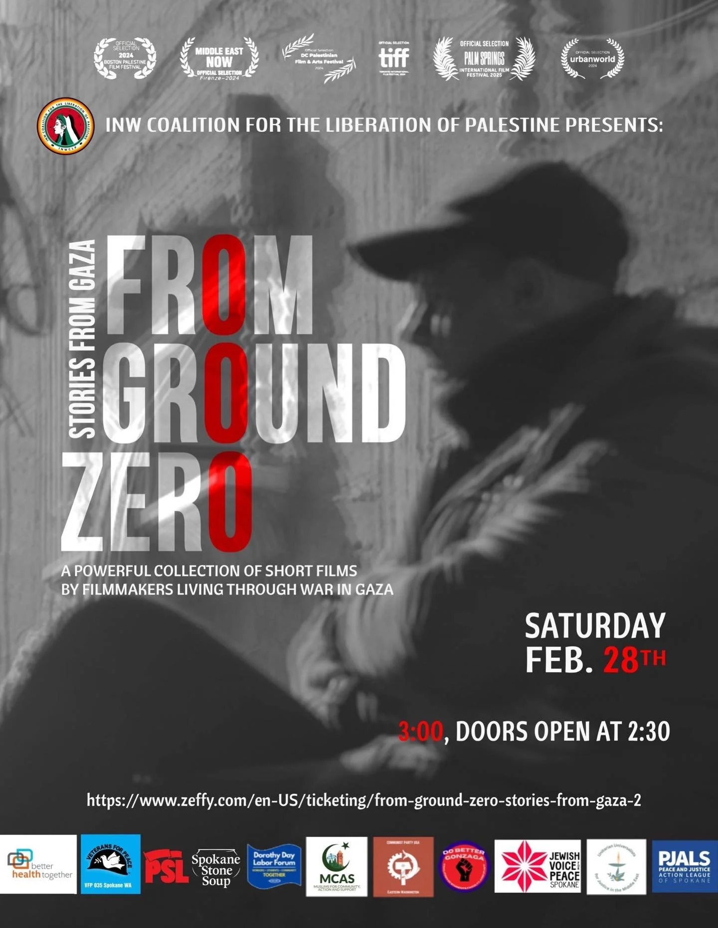 Join us this Saturday for a screening of From Ground Zero: Stories from Gaza, an innovative mixture of 22 short films by Gazan artists, created to give Gazans a voice while they try to survive the genocide!

🗓️Saturday, February 28th
⏰3:00 PM (Doors