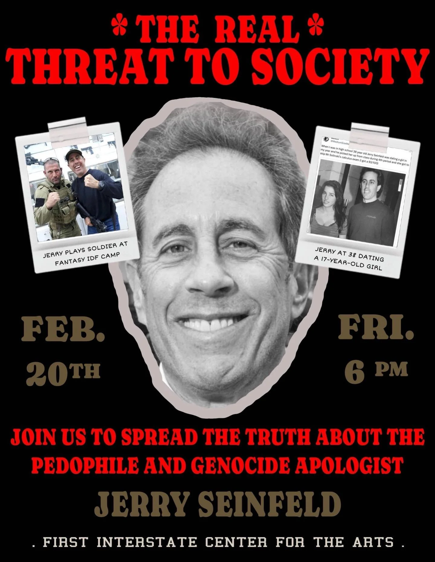 If you don&rsquo;t already have plans to attend JVP Spokane&rsquo;s Shabbat Potluck on Friday the 20th, we have another event that you can attend!

Join us outside Jerry Seinfeld&rsquo;s performance at First Interstate Center for the Arts to correct 