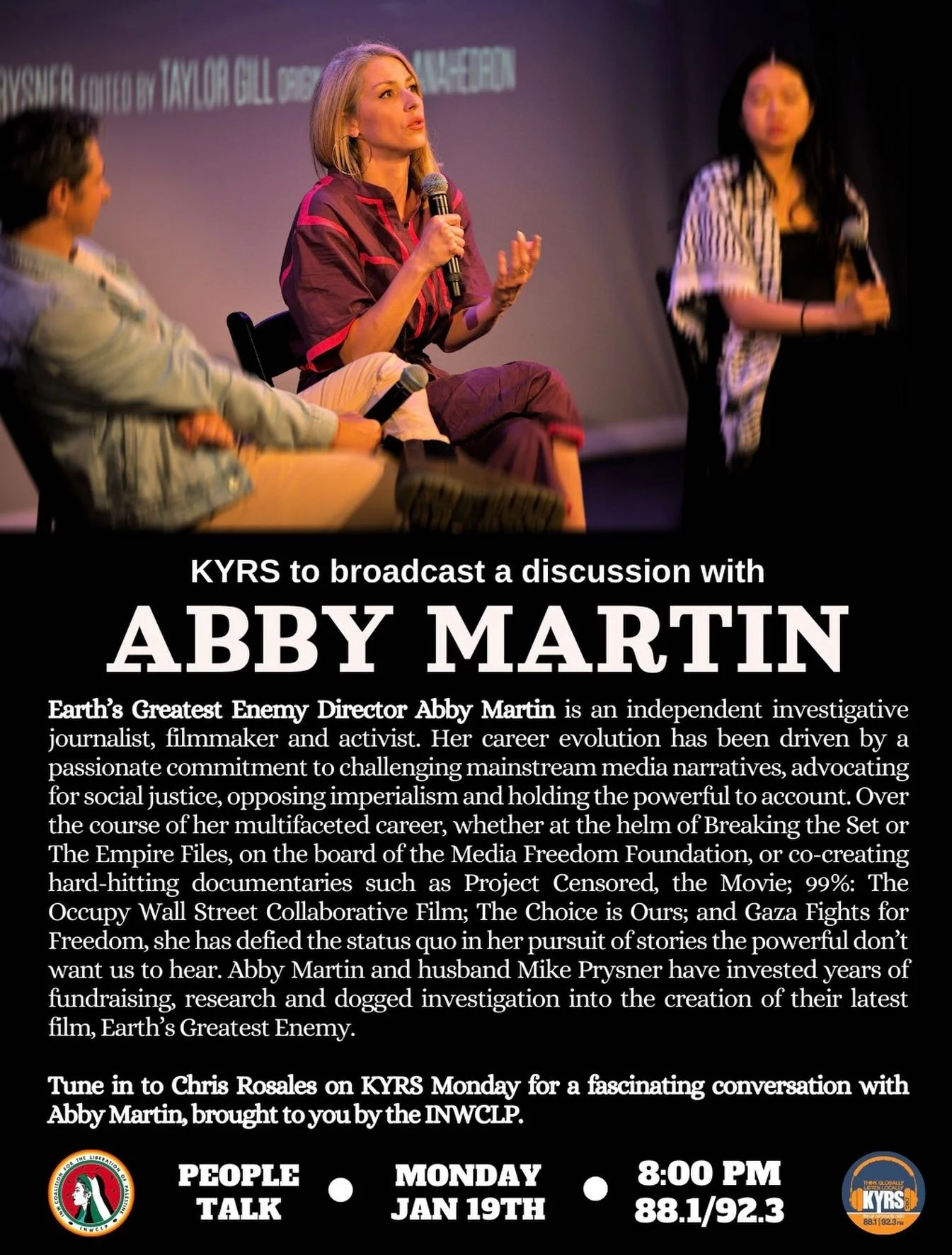 Thank you to everyone that came to yesterday&rsquo;s screening of Earth&rsquo;s Greatest Enemy and the following social! We are grateful to you for making the events a success.
Tune into KYRS on Monday evening at 8:00 to hear more from Abby Martin! T