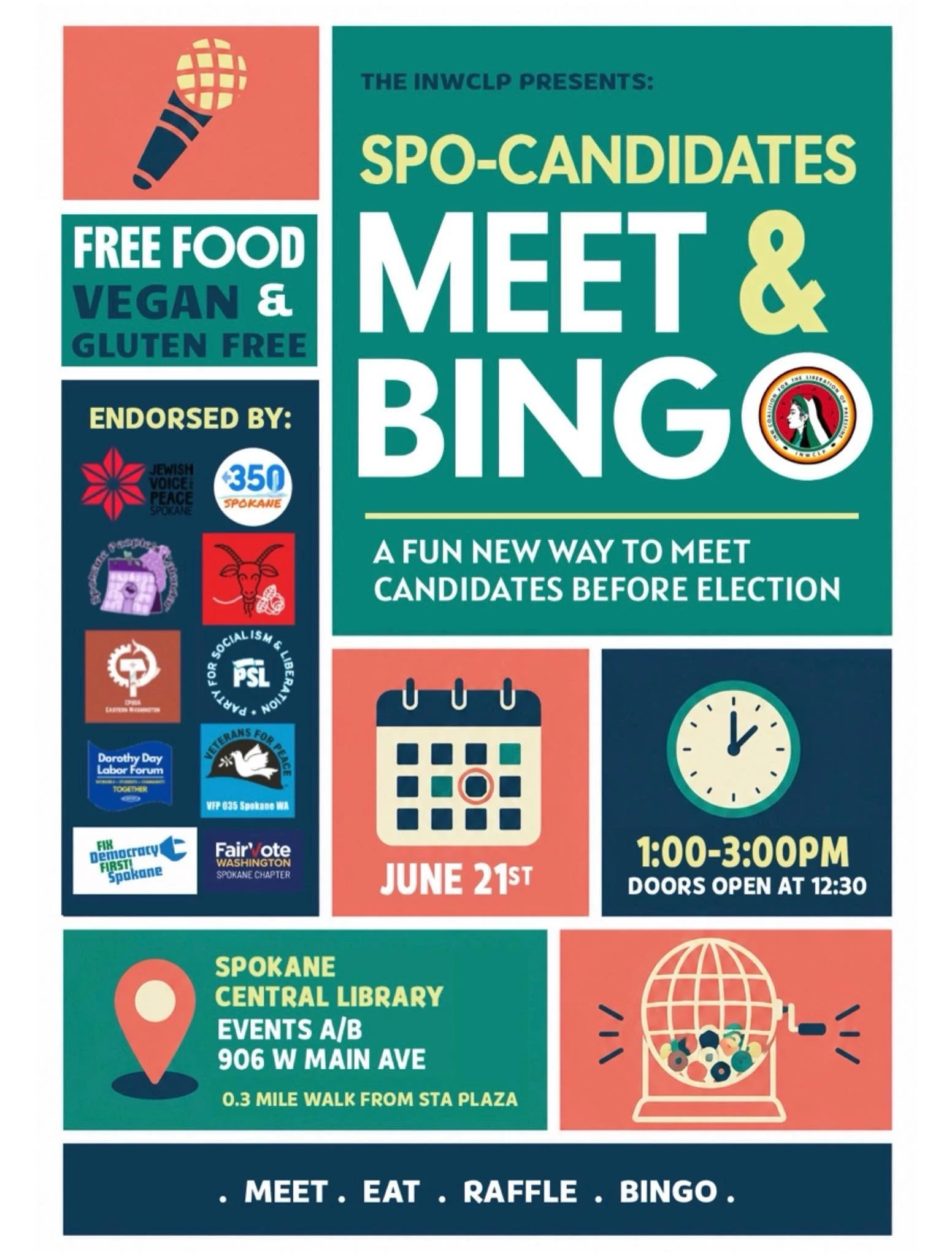 Meet candidates. Eat free food. Win prizes.

Join us for the first-ever Spo-Candidates Meet &amp; Bingo, a fun new way to meet local candidates before election season.

Instead of sitting through speeches, you&rsquo;ll have the opportunity to meet ca