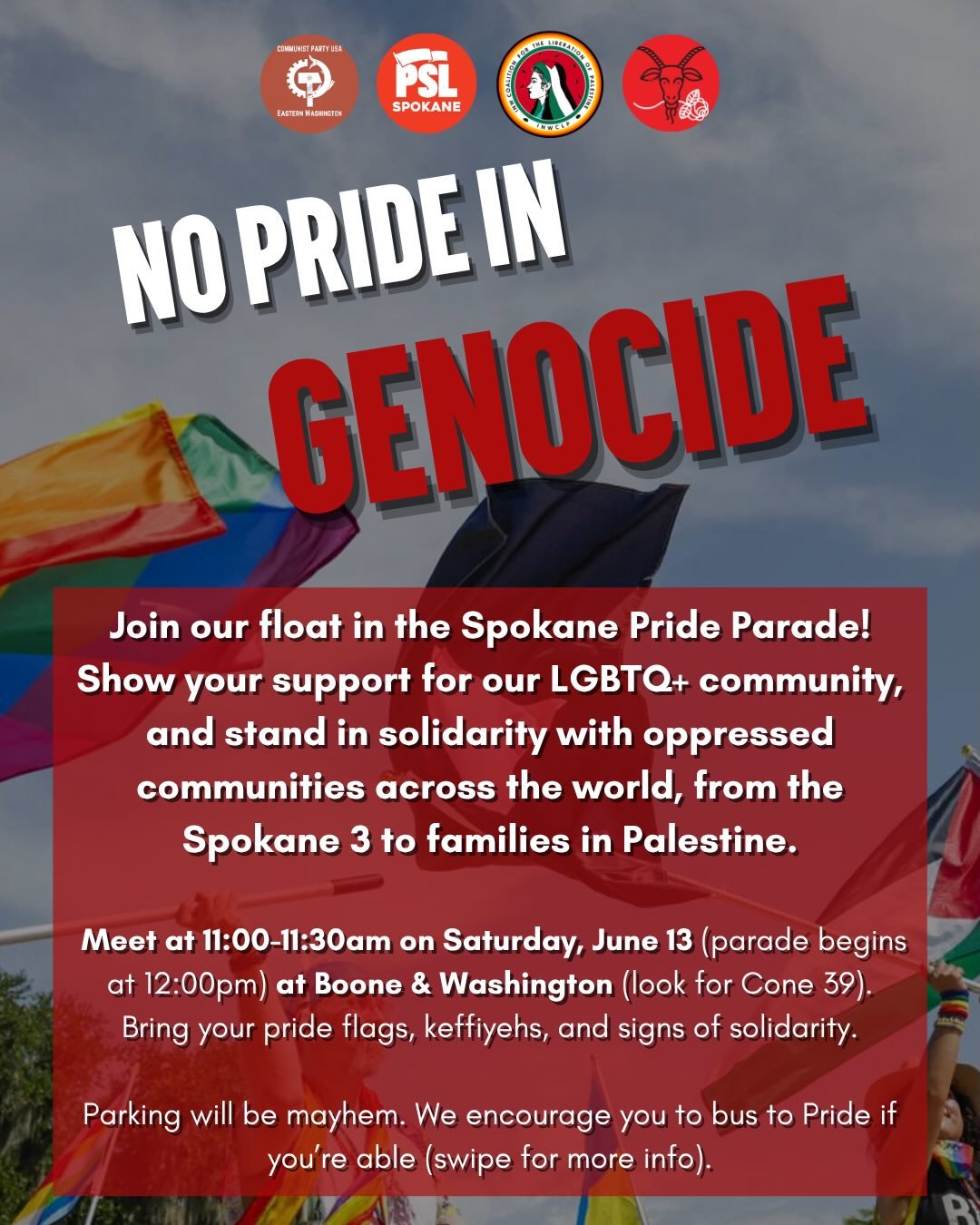 Thank you to everyone who joined us for Tuesday&rsquo;s art build! We&rsquo;re all ready for Pride this Saturday.

Day-of logistics:
The INWCLP is marching in coalition with @cpusaspokane @pslspokane @spokanedsa . Meet us all on the west side of Wash
