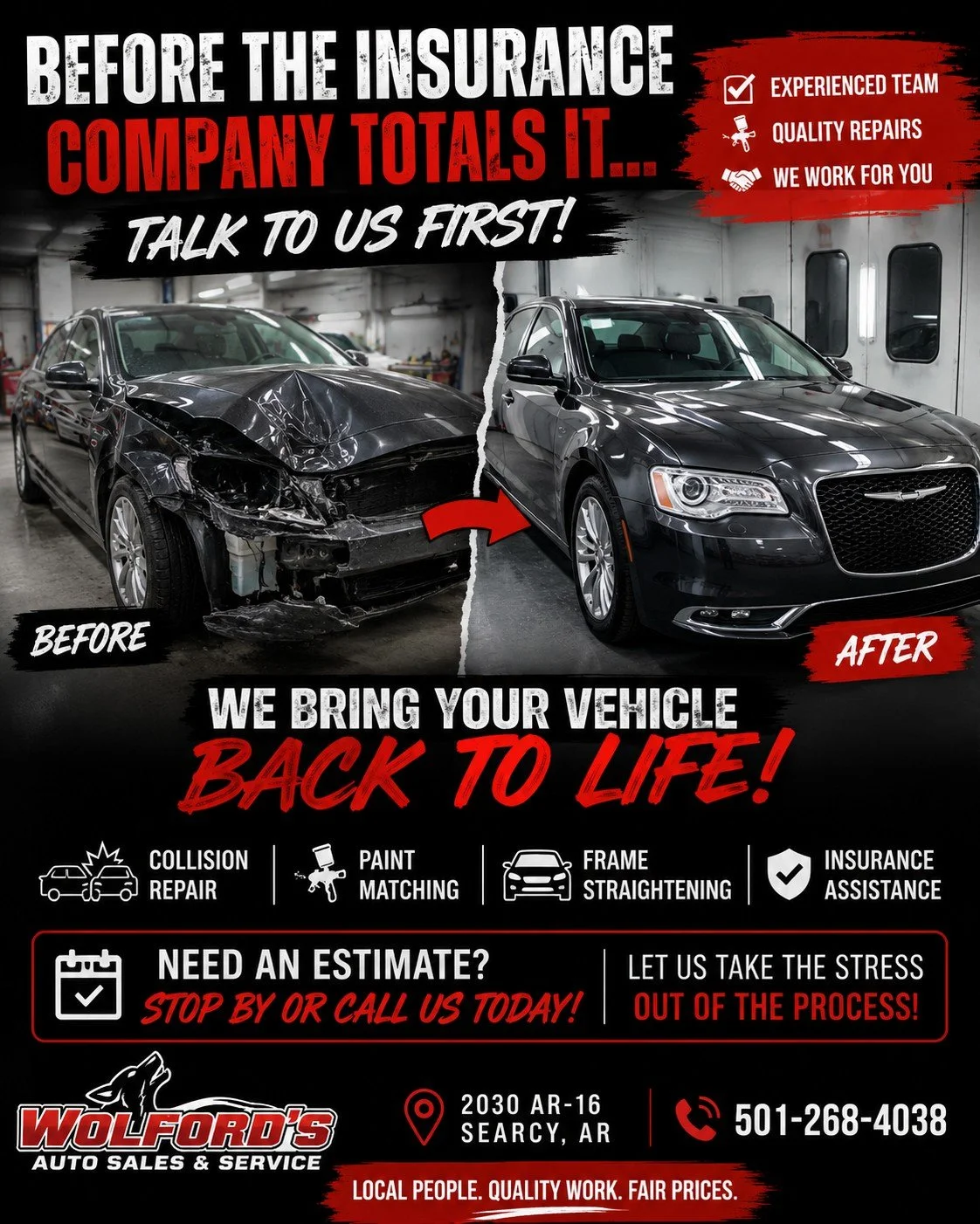 Got hail damage?

Door dings?

Shopping cart battle scars?

Our Body Shop can help bring your vehicle back to life.

Insurance claims welcome.

📍 Wolford's Body Shop
📞 501-268-4038

Before you trade it in, let us see what we can fix.
