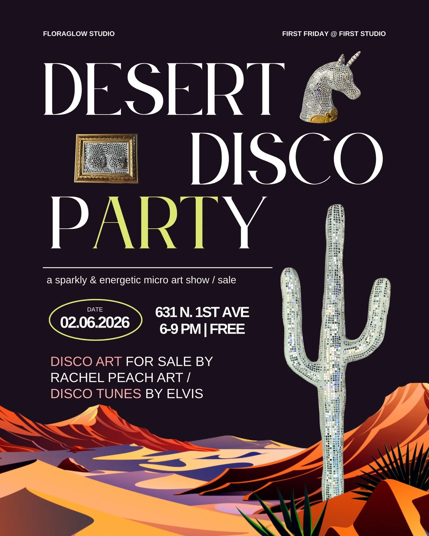 Soooo whatchyu doing in like 2 days? 😄 join us for a sparkly / vibey desert disco micro art show pop up 🌵🪩🖼️🕺

here&rsquo;s the deets: 👇🏼

Desert Disco Art Show in collaboration with @rachelpeachart @johnelvis1 

First Studio | Ste 201 | FREE 